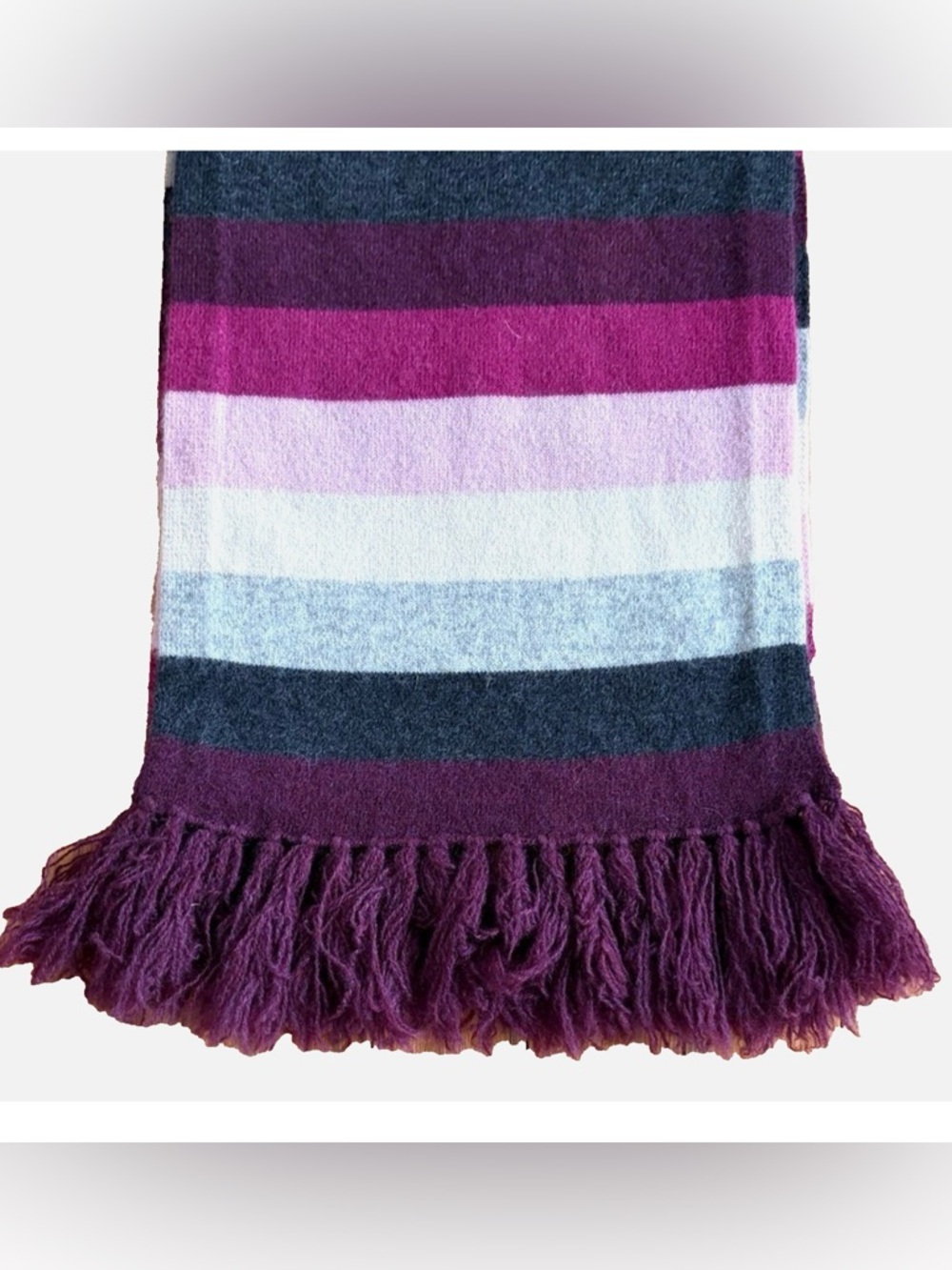 100% Cashmere Scarf Striped Fringe Burgundy Pink Gray Soft Winter Wrap